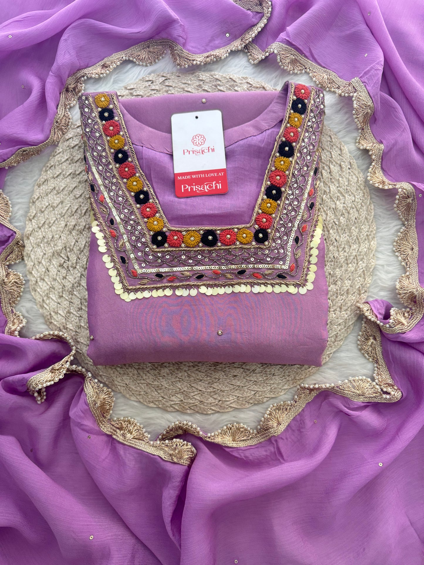 Purple Embroidered Ethnic Kurta Set for Women with Pants & Dupatta - Prisachi Official
