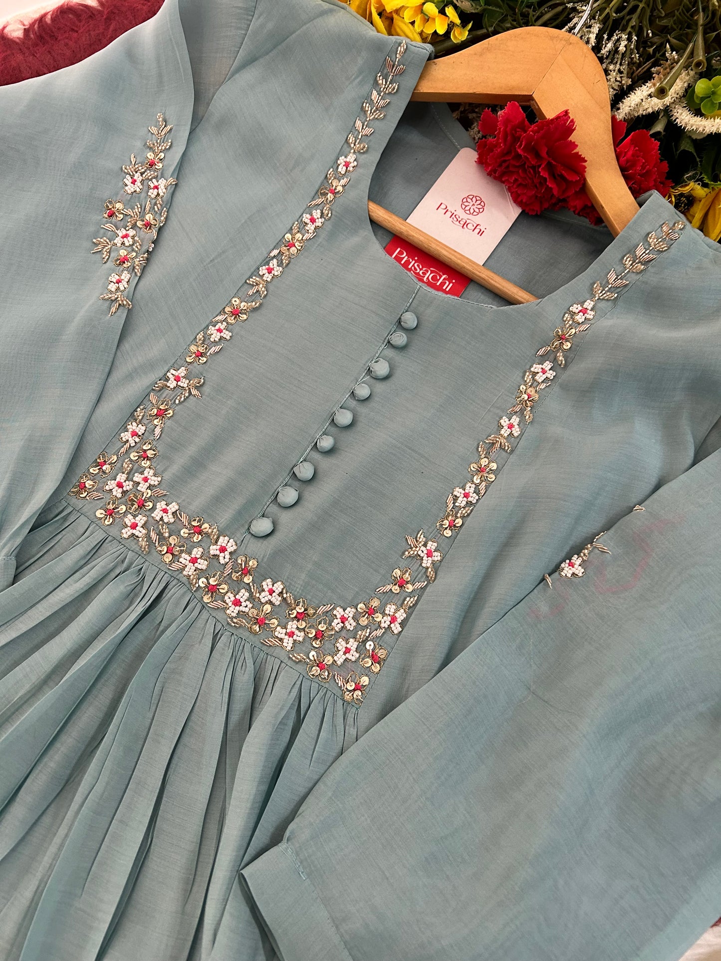 Pista Green Designer Embroidered A-Line Ethnic Kurta Set with Dupatta & Pants