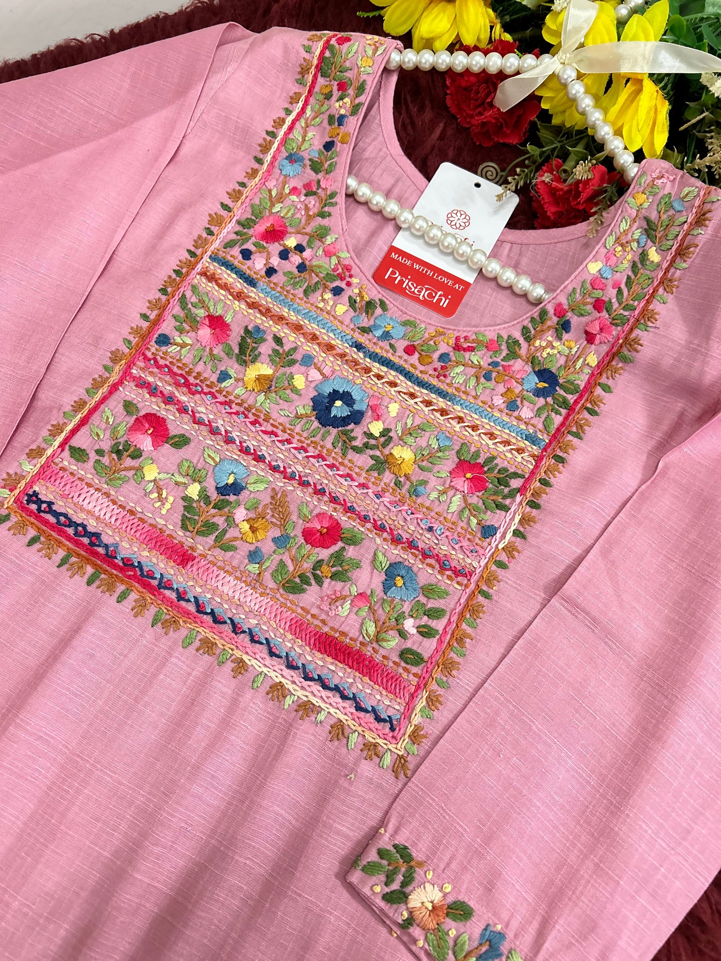 Pink Thread Embroidered Kurti Pant Co-ord Set | Ethnic Office & Casual Wear