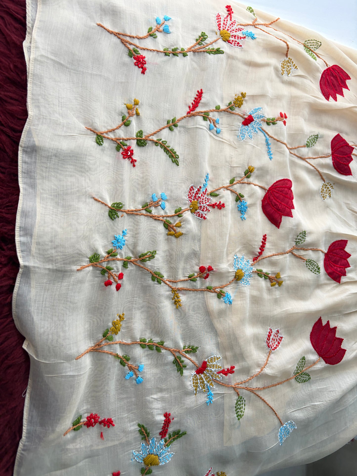 Beige Thread Embroidered A-Line Ethnic Kurta Set with Dupatta & Pants