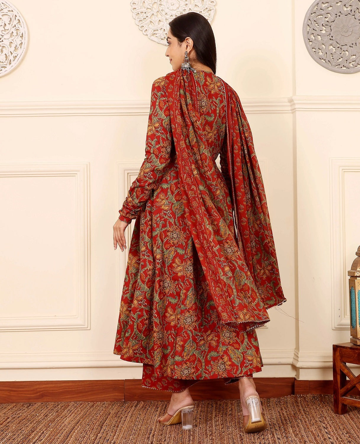 Red Floral Anarkali Kurta Set with Dupatta and Pants | Ethnic Festive Wear for Women - Prisachi Official