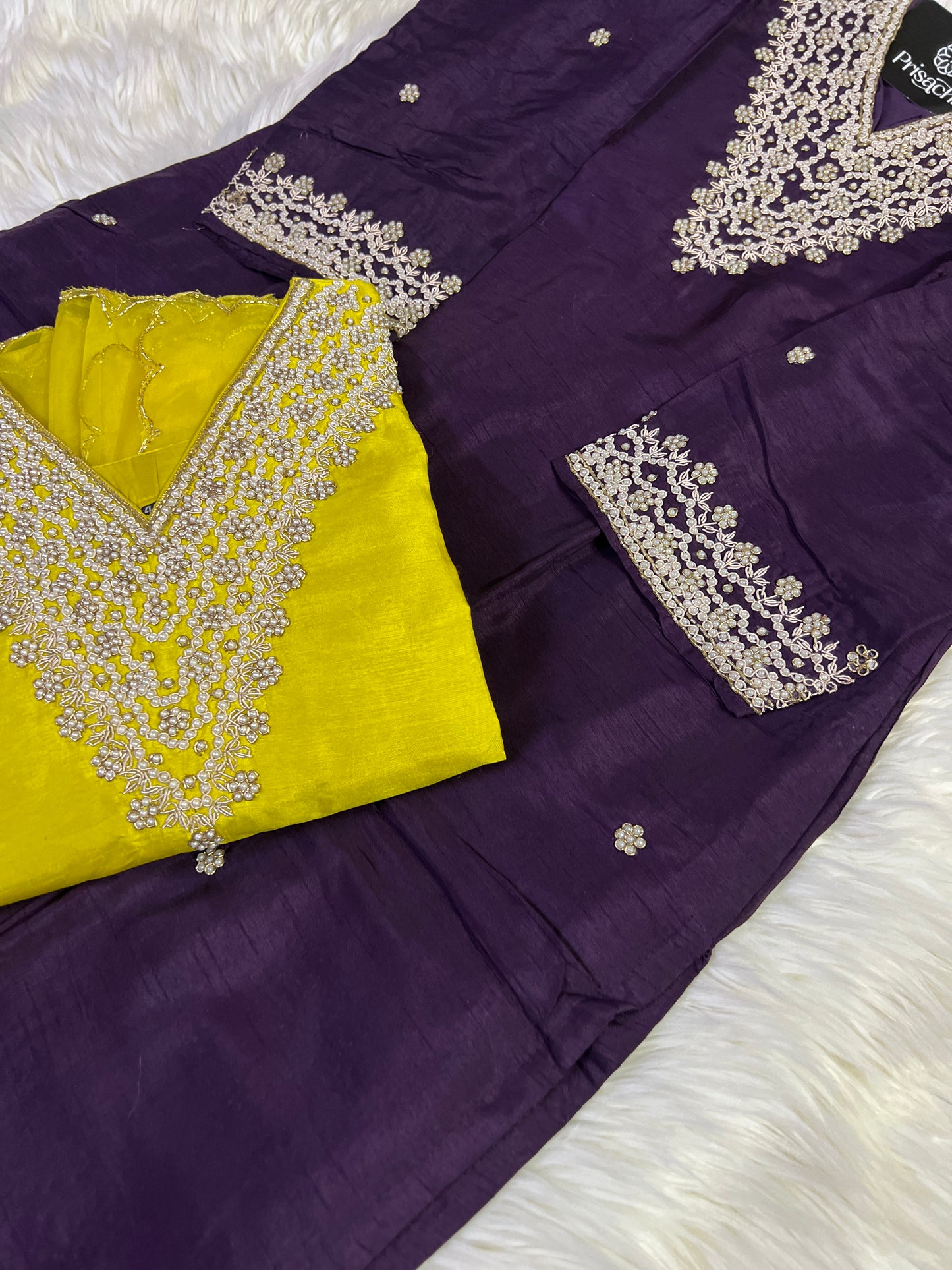 Purple neck embroidered kurta set with dupatta - Prisachi Official