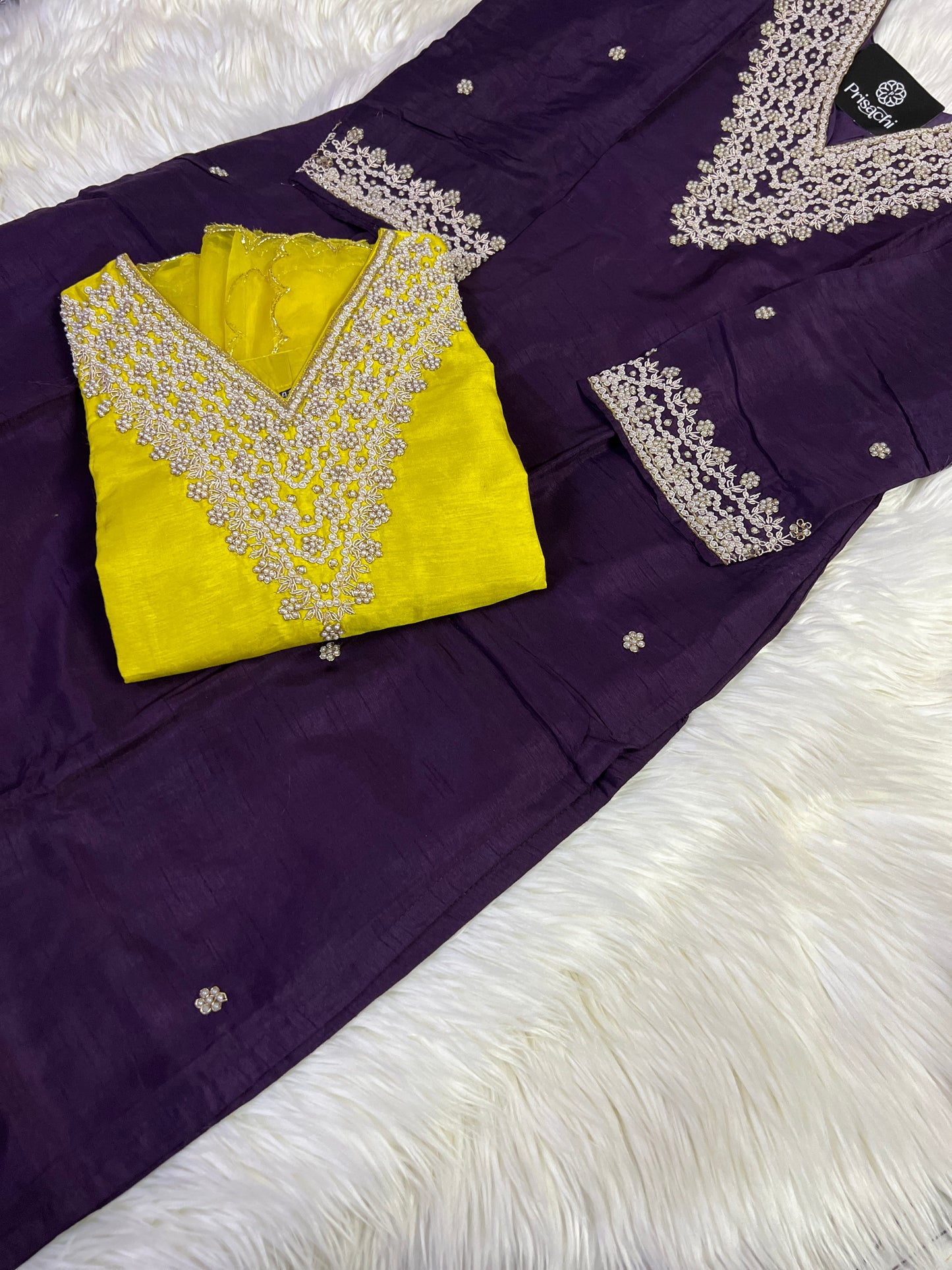 Purple neck embroidered kurta set with dupatta - Prisachi Official