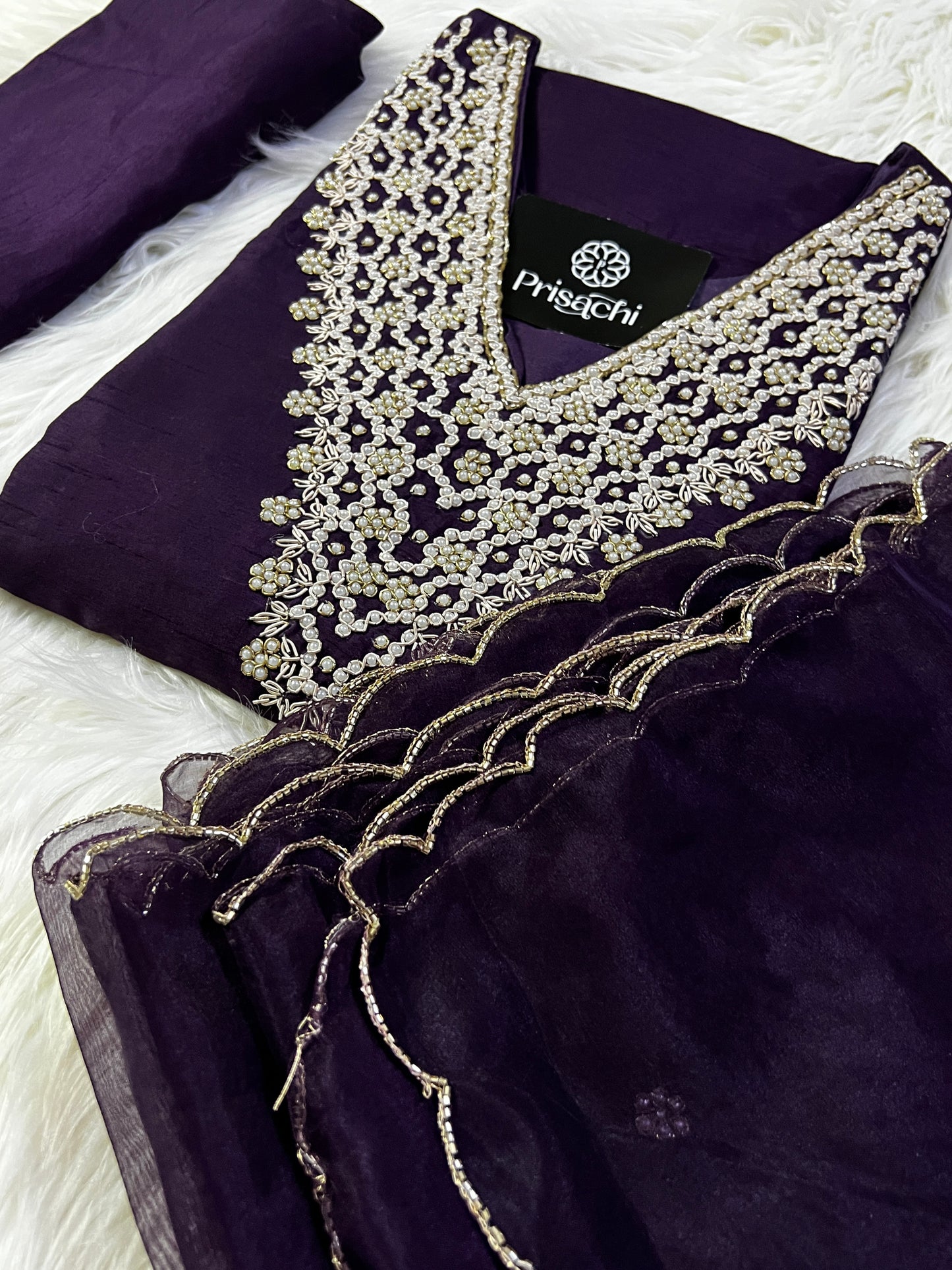 Purple neck embroidered kurta set with dupatta - Prisachi Official