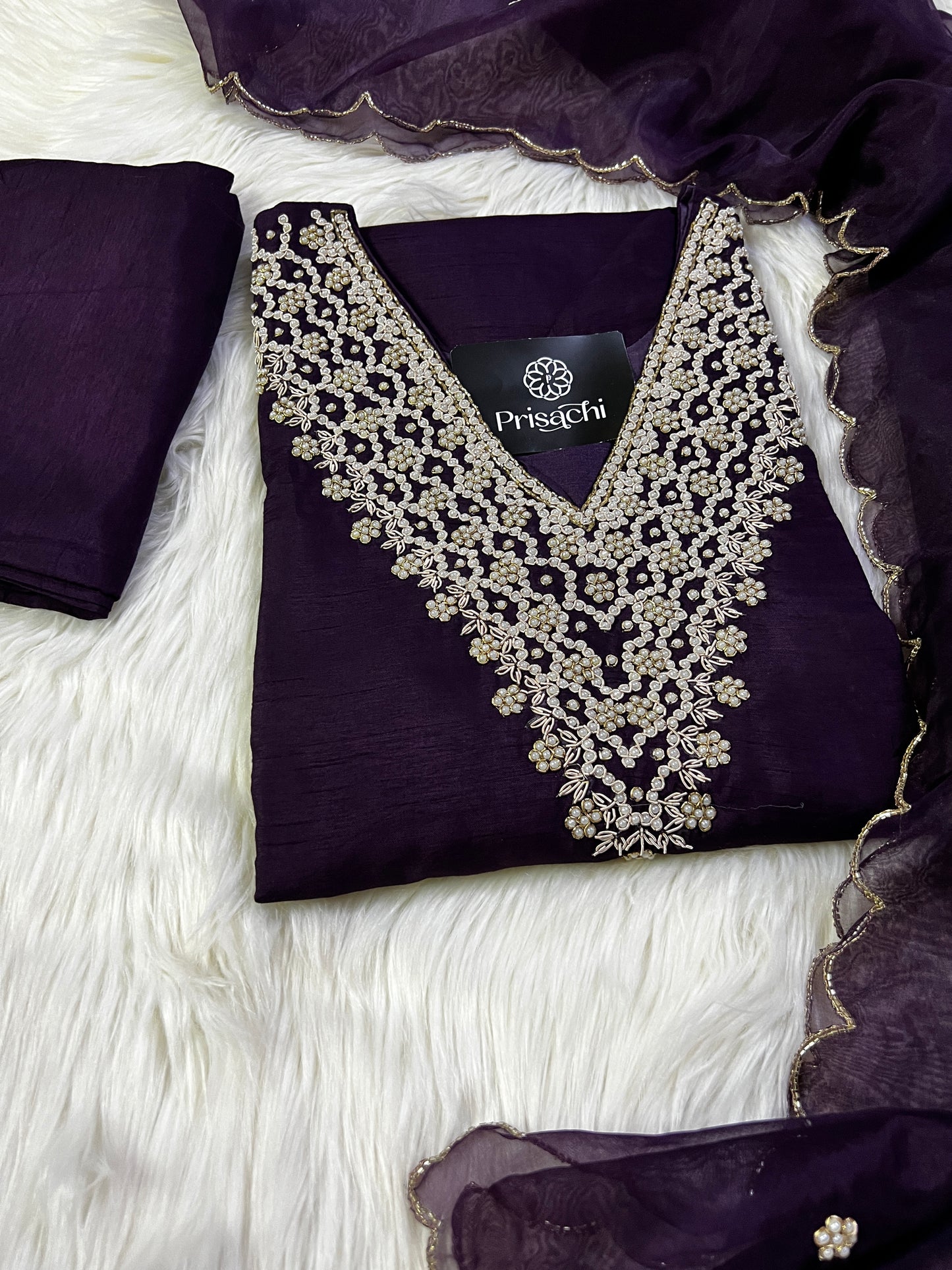 Purple neck embroidered kurta set with dupatta - Prisachi Official