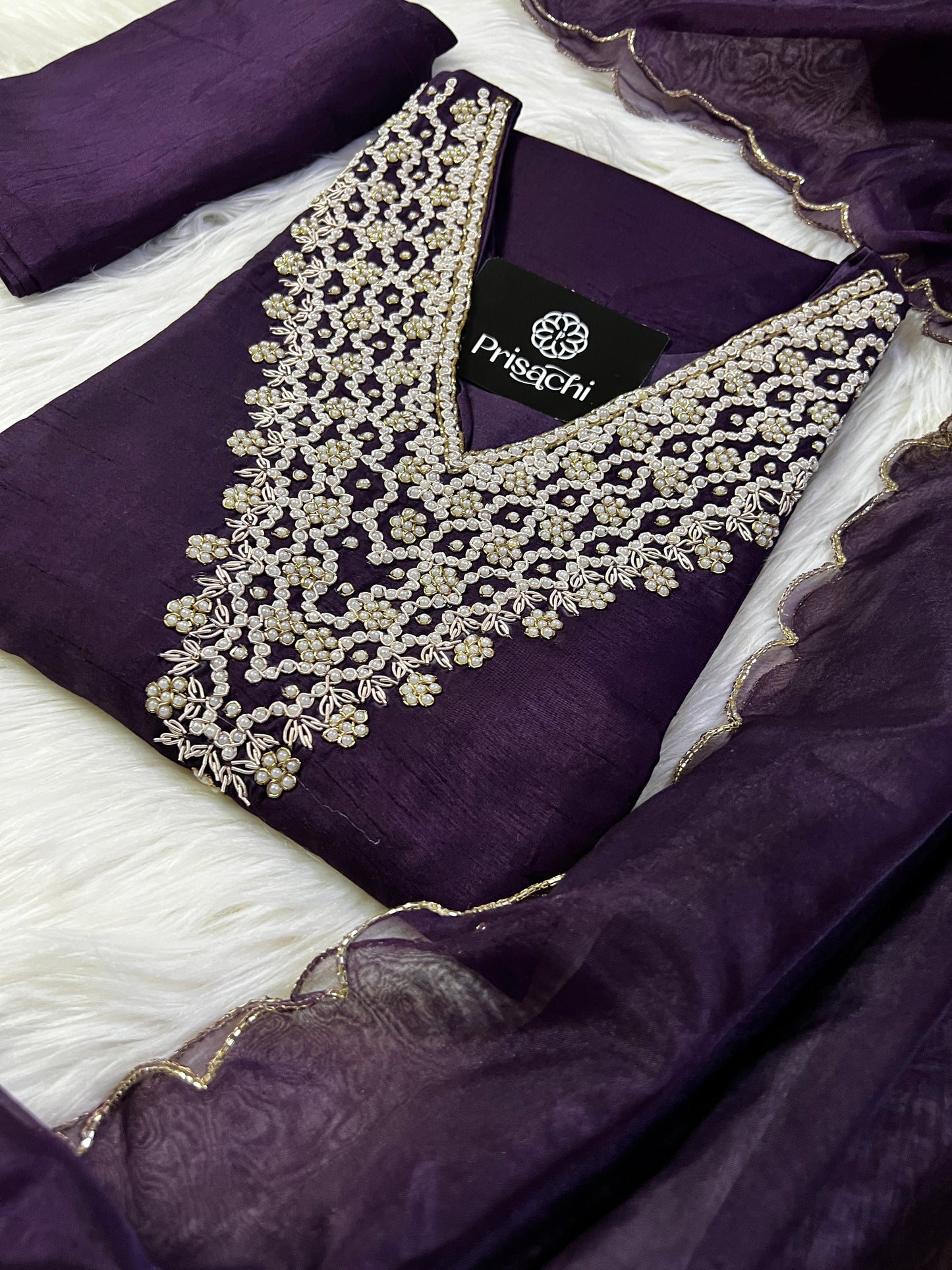 Purple neck embroidered kurta set with dupatta - Prisachi Official