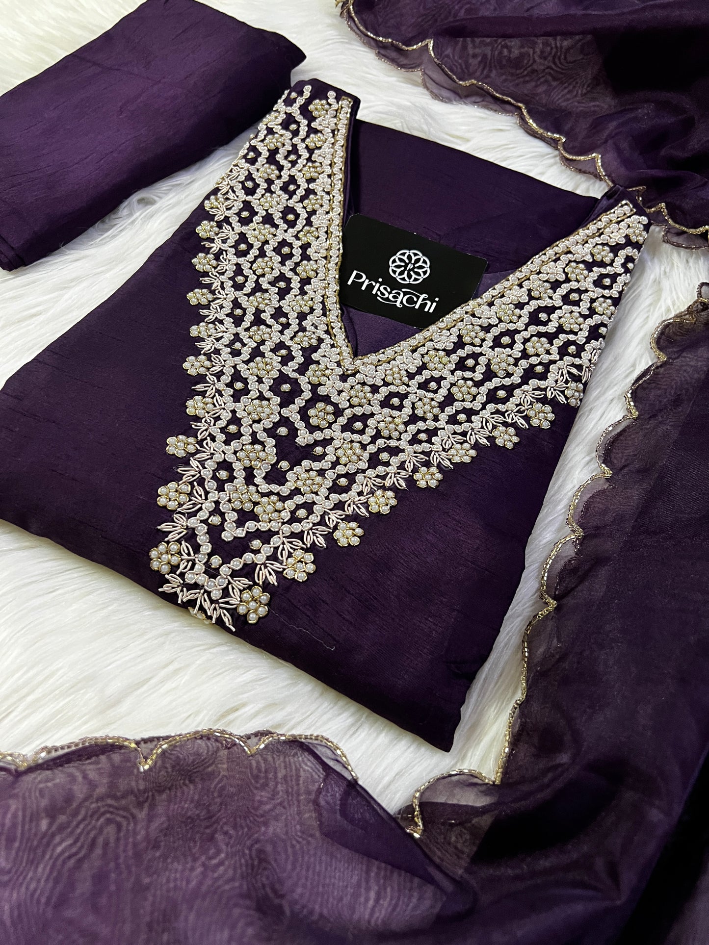 Purple neck embroidered kurta set with dupatta - Prisachi Official
