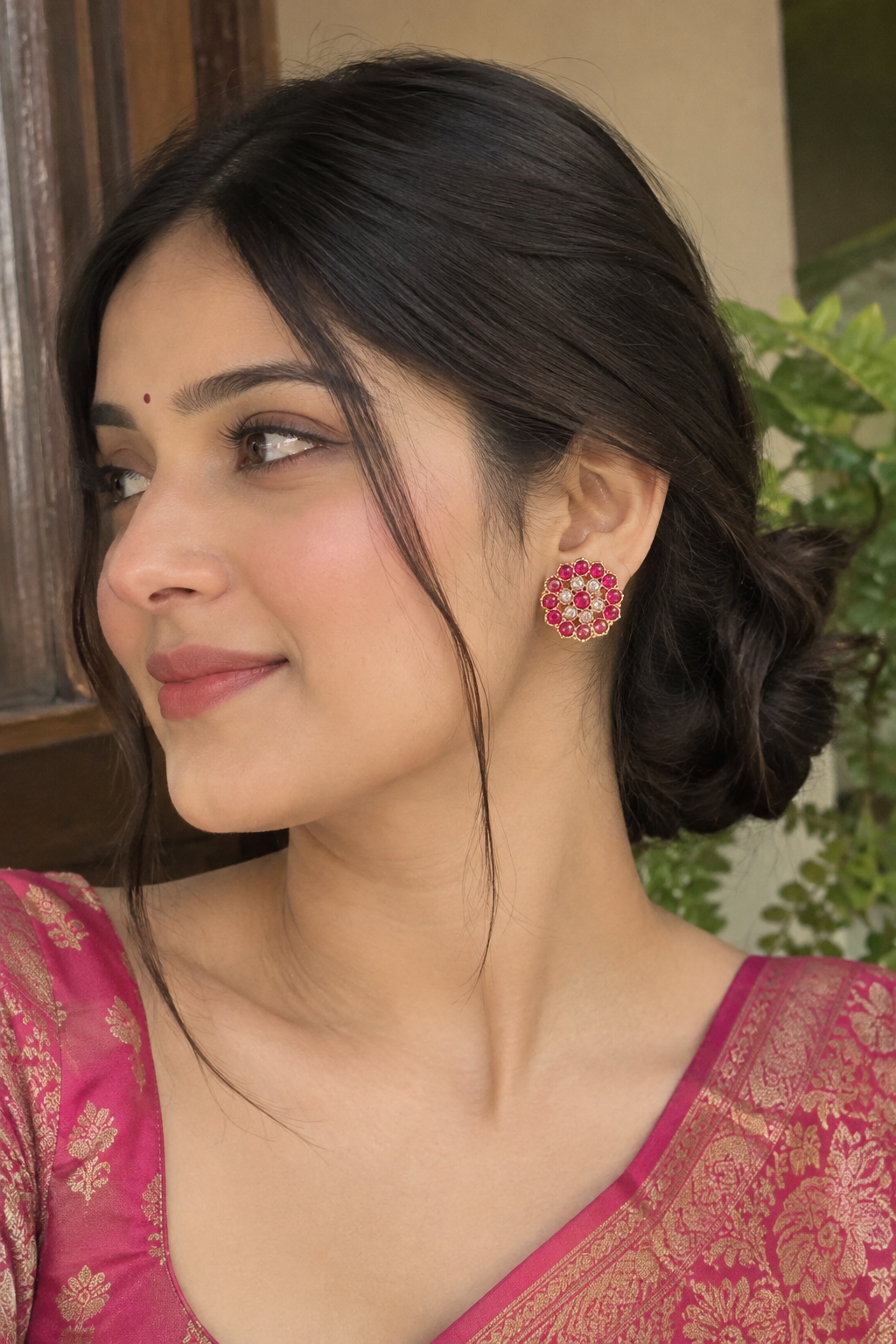 Gold-Plated Pink Polki Kundan Stud Earrings
