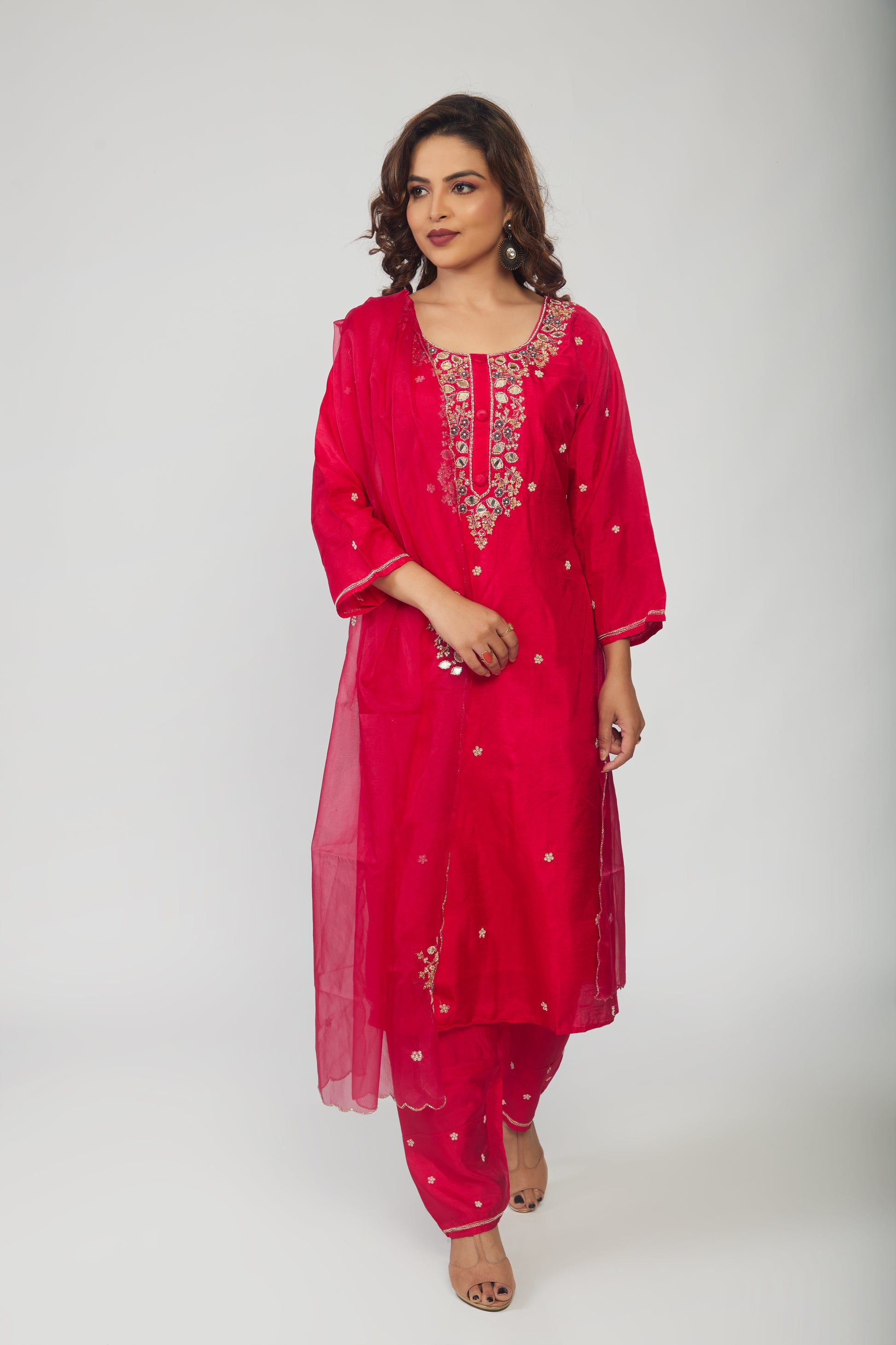 Red Musline Kurti Pant with Organza Dupttaa - prisachiofficial
