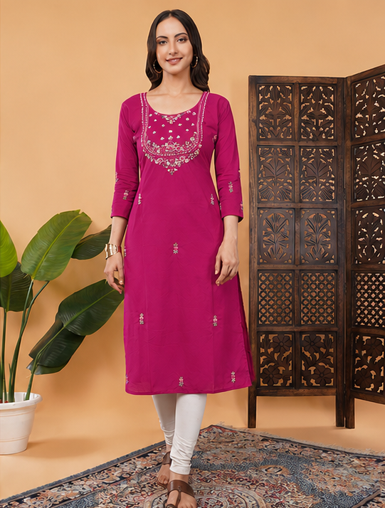 Pink Thread Embroidered Ethnic Straight Long Kurti | Casual Office Wear Daily Wear