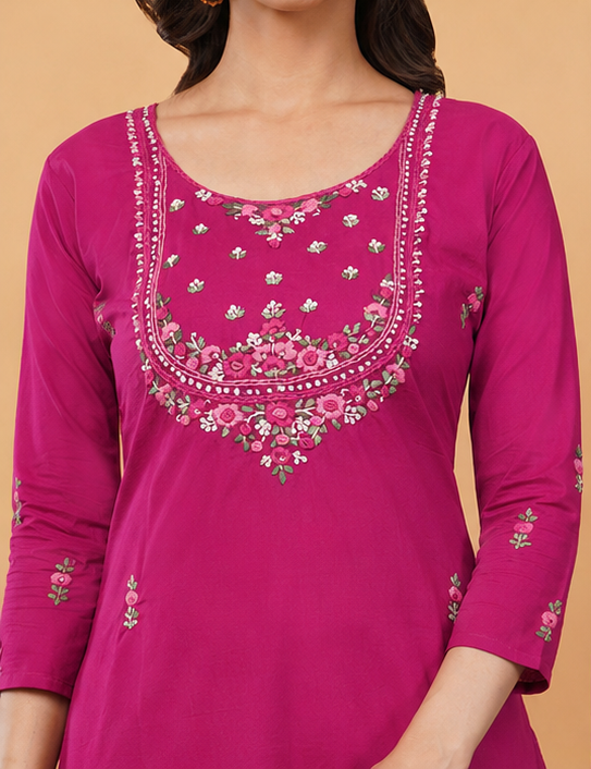 Pink Thread Embroidered Ethnic Straight Long Kurti | Casual Office Wear Daily Wear