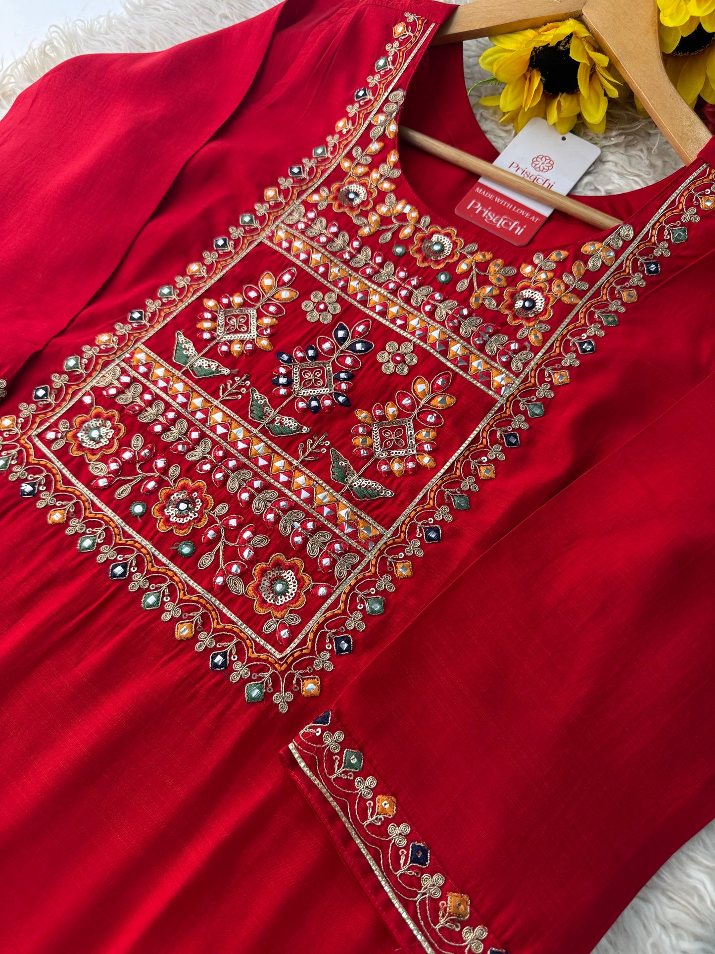 Red embroidered kurta set with dupatta