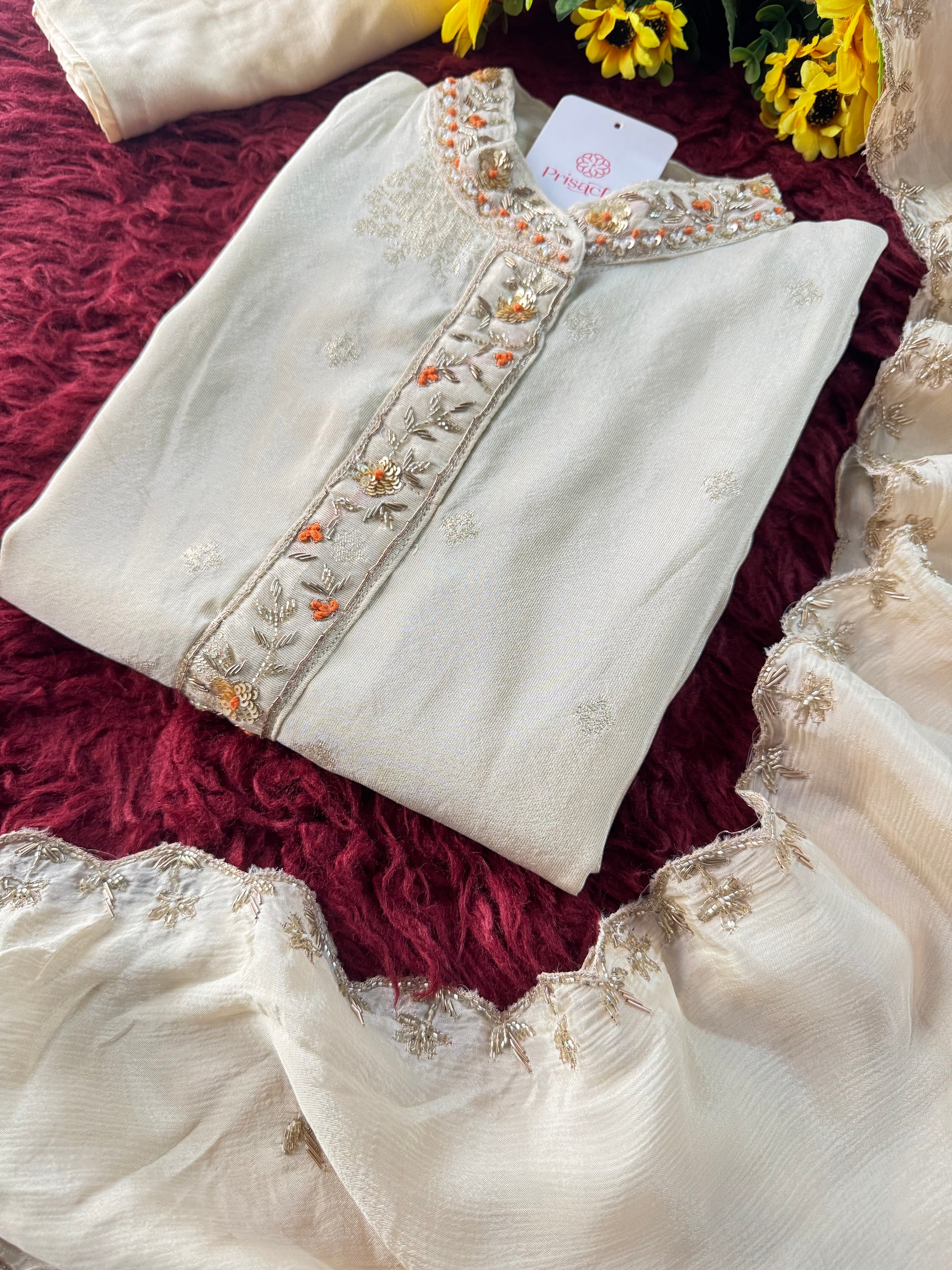 Off White Designer Embroidered Kurta set with dupatta with Pant - Prisachi Official