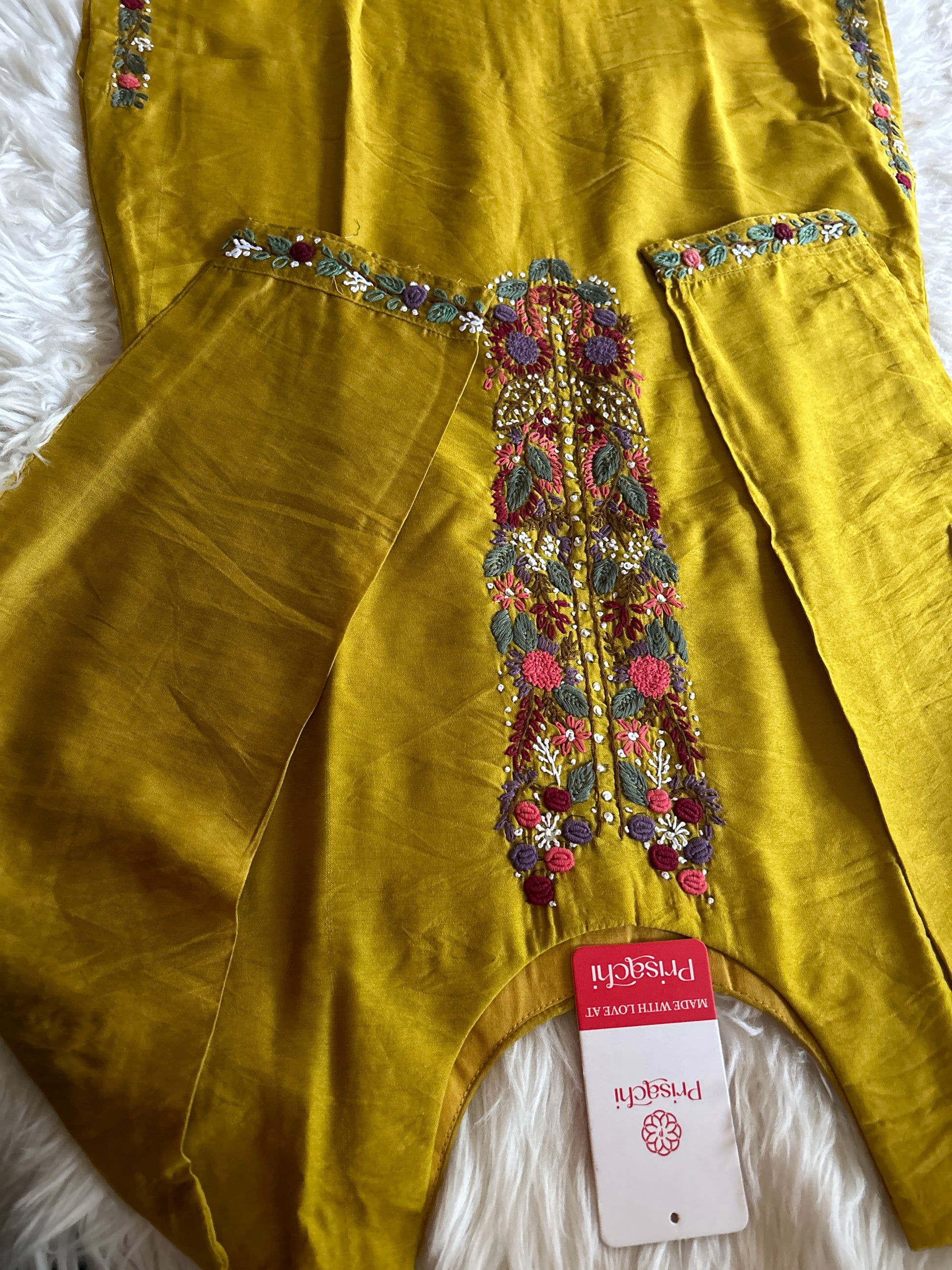 Yellow embroidered chanderi silk kurta set with dupatta - Prisachi Official