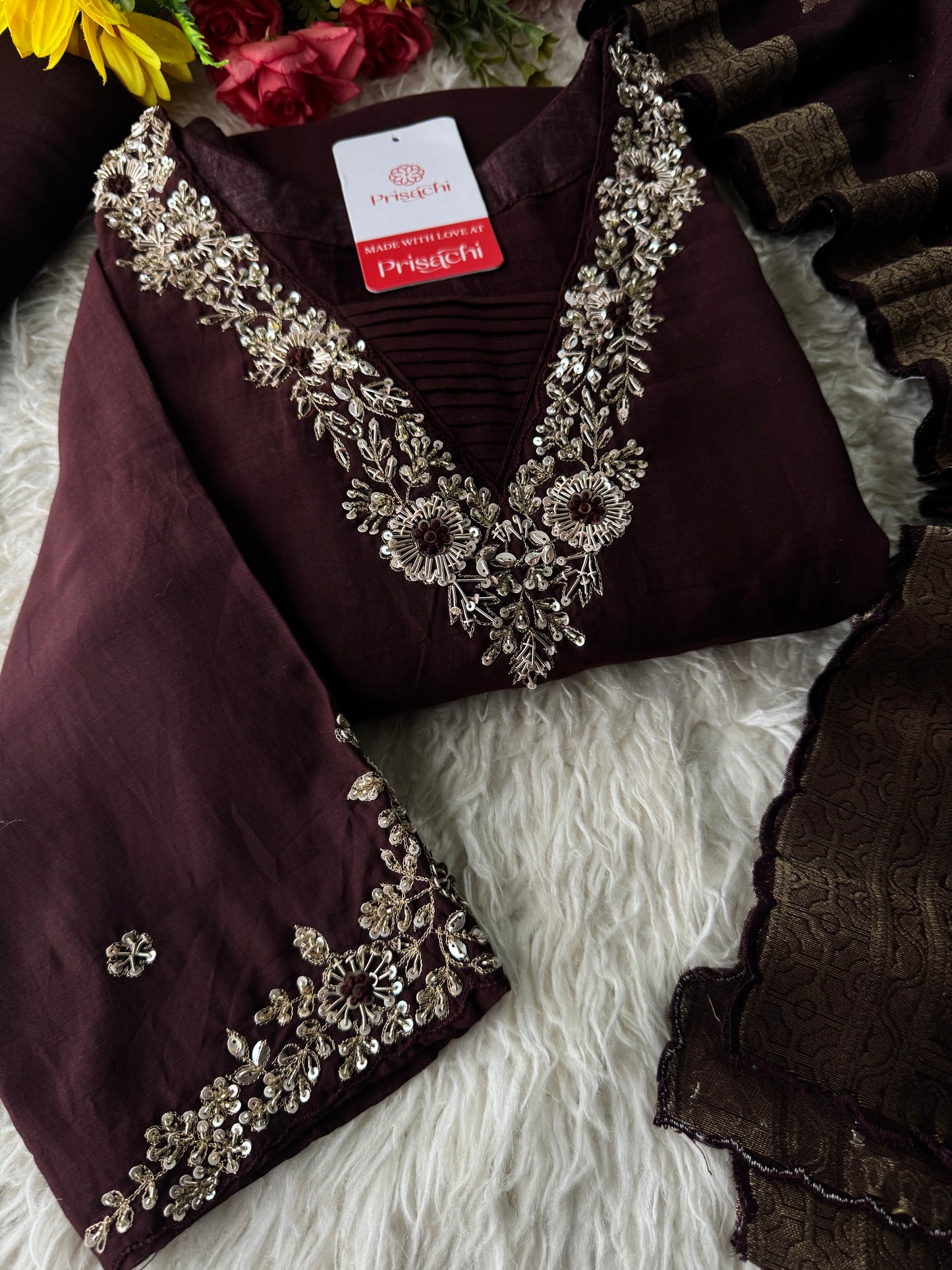 Brown hand embroidered A Line kurta pant with dupatta