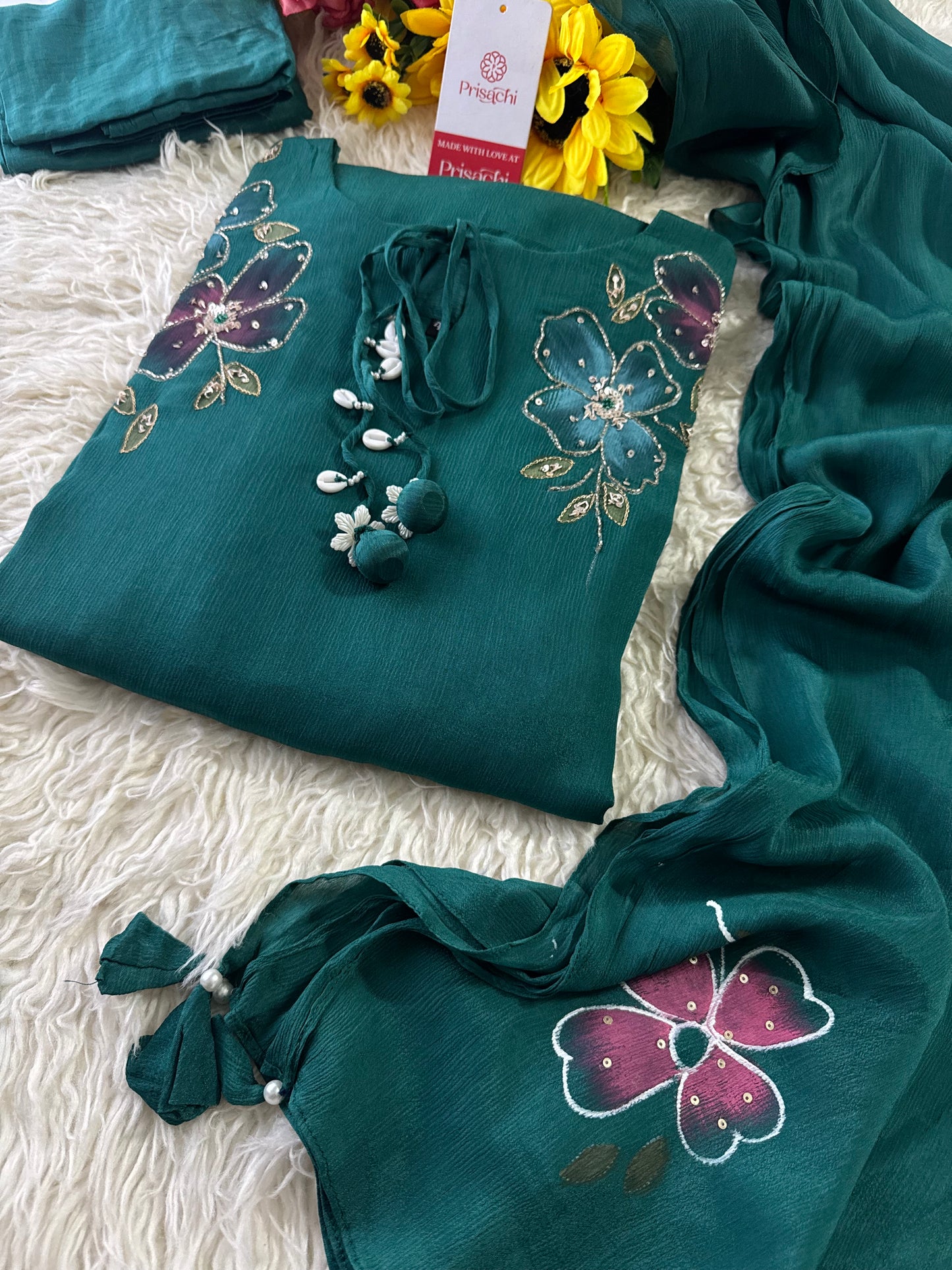 Green hand embroidered A Line kurta pant with dupatta