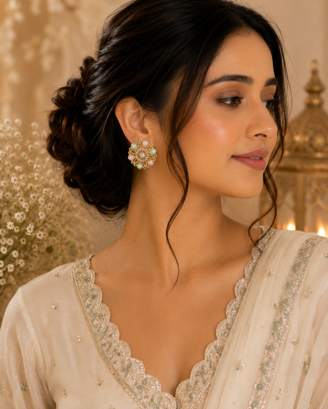Traditional Gold-Plated Pink & Green Kundan Stud Earrings for Women