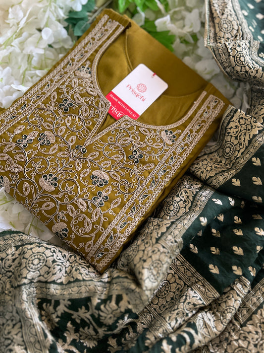 Mehndi Green embroidered kurta set with dupatta - Prisachi Official