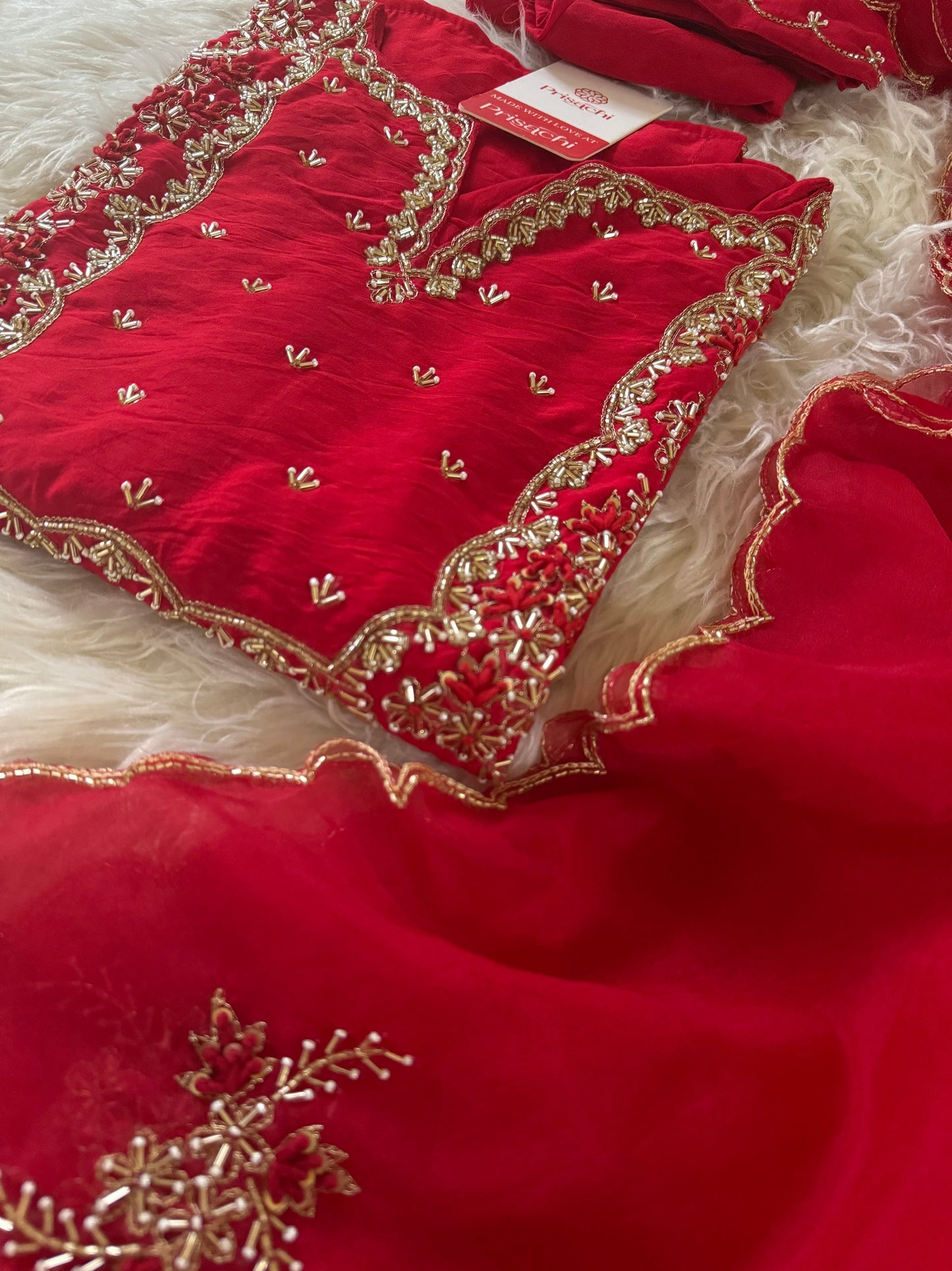 Red embroidered kurta bottom with dupatta with Zardosi work - Prisachi Official