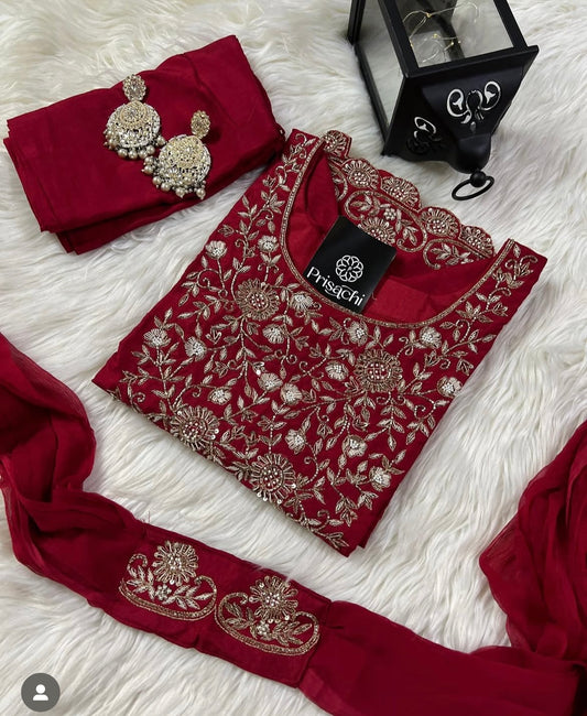 Designer Red Embroidered kurta set with dupatta