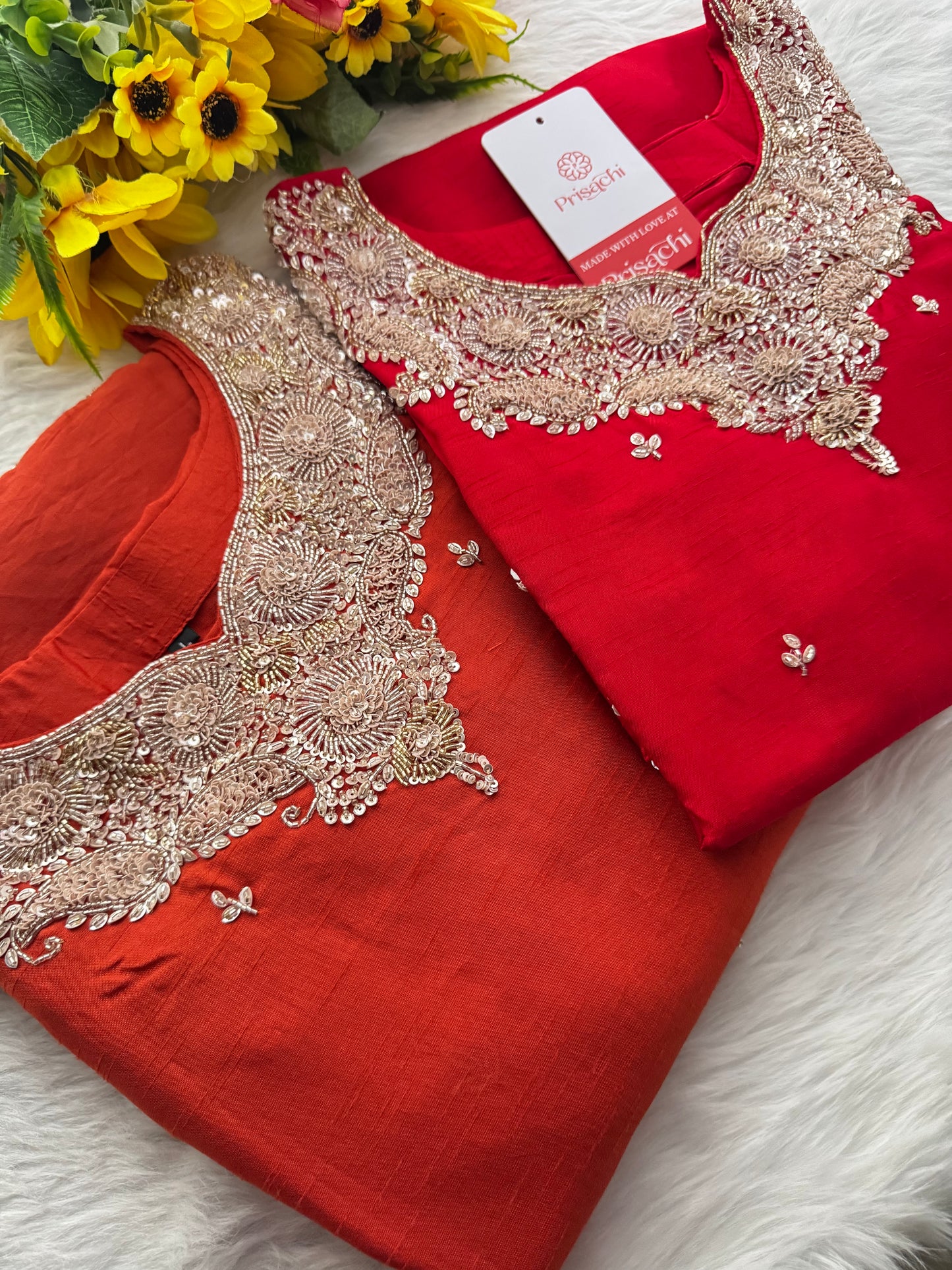 Red Embroidered kurta Pant with dupatta - Prisachi Official