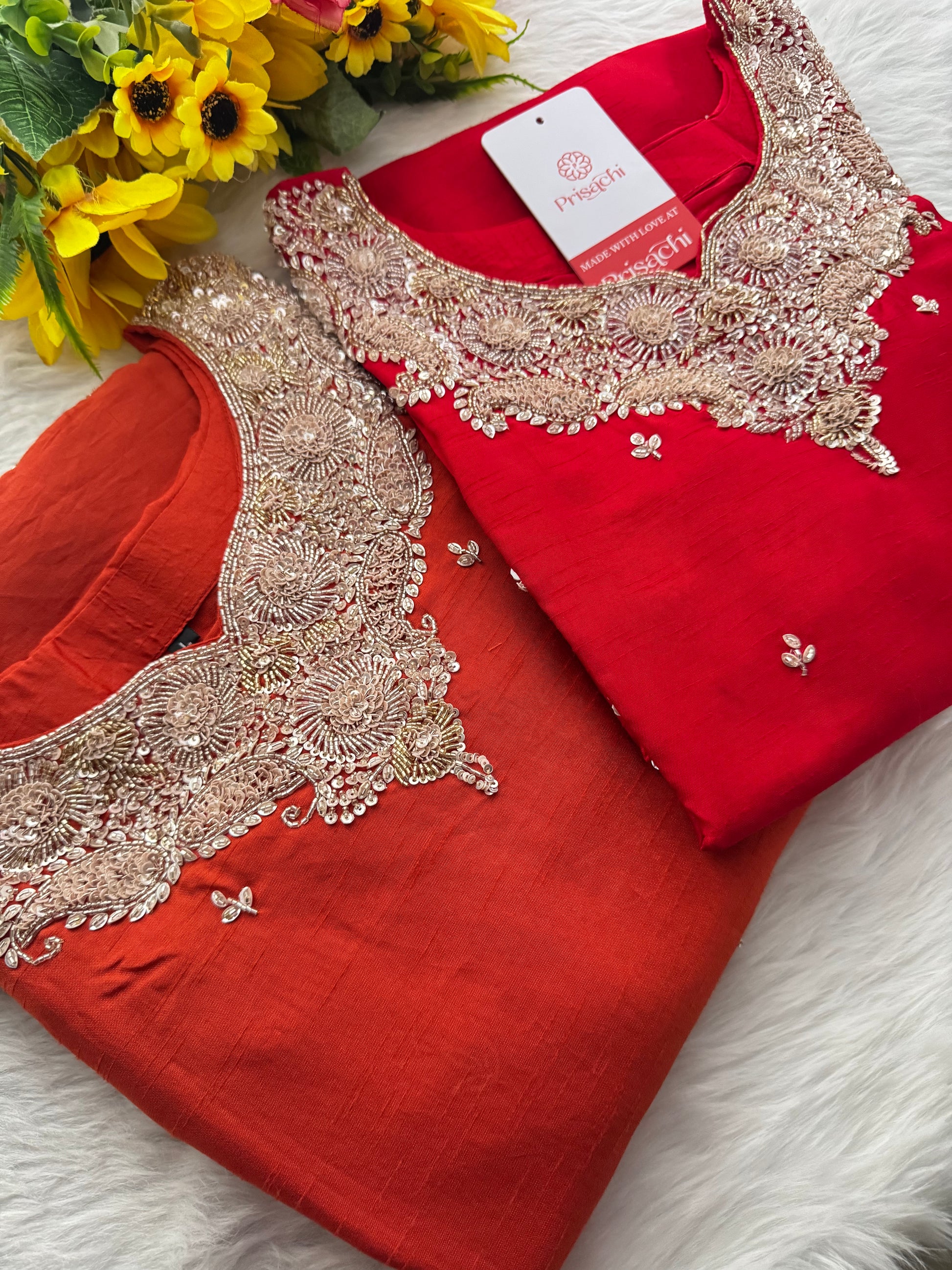 Red Embroidered kurta Pant with dupatta - Prisachi Official