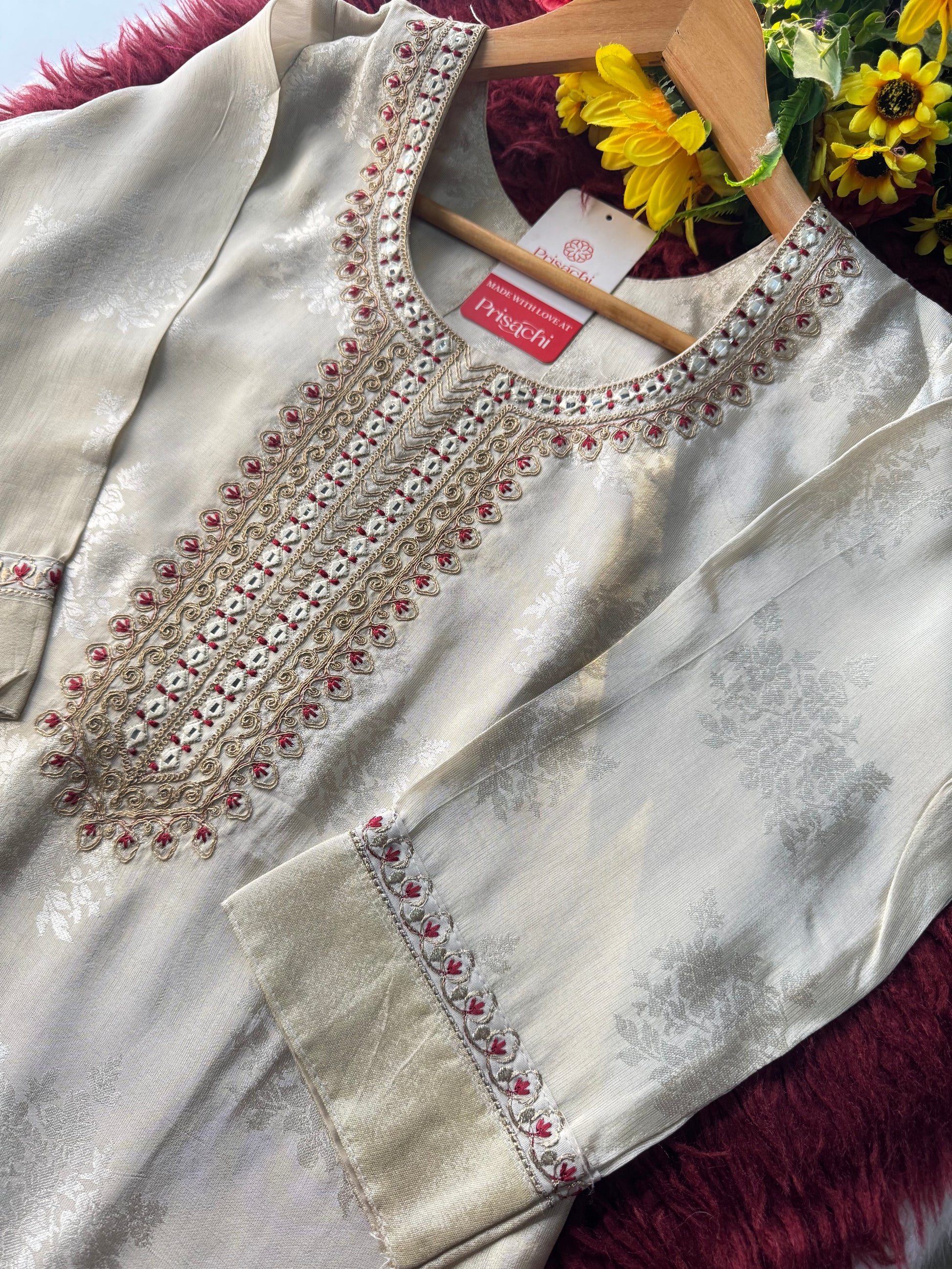 Off White Designer Embroidered Kurta set with dupatta and Pant - Prisachi Official
