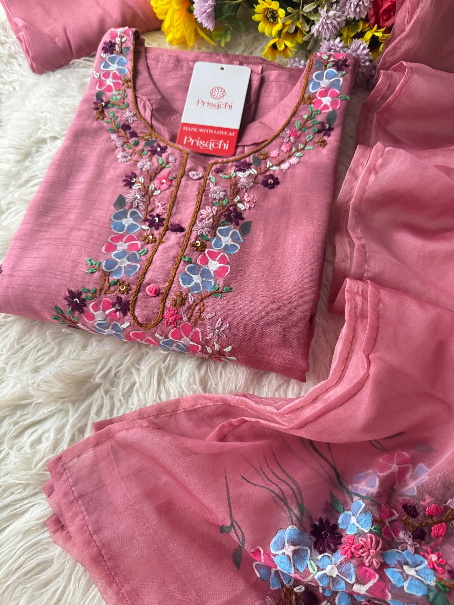 Pink Hand embroidered kurta set with dupatta
