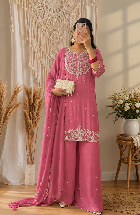 Pink Embroidered Kurta Set for Women with Palazzo Pants & Dupatta | Elegant Festive & Party Wear