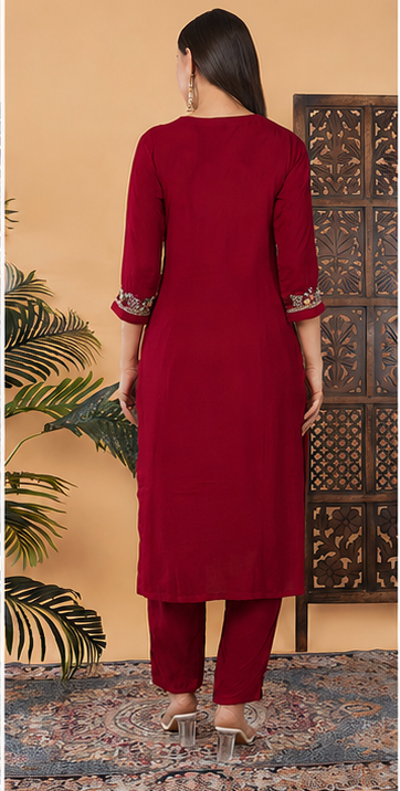 Maroon Thread Embroidered Kurti Pant Co-ord Set for women | Ethnic Office & Daily Wear