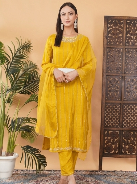 Yellow Zardozi Embroidered Kurta Set with Dupatta & Pants for Women | Ethnic Suit Set