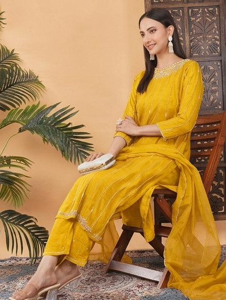 Yellow Zardozi Embroidered Kurta Set with Dupatta & Pants for Women | Ethnic Suit Set