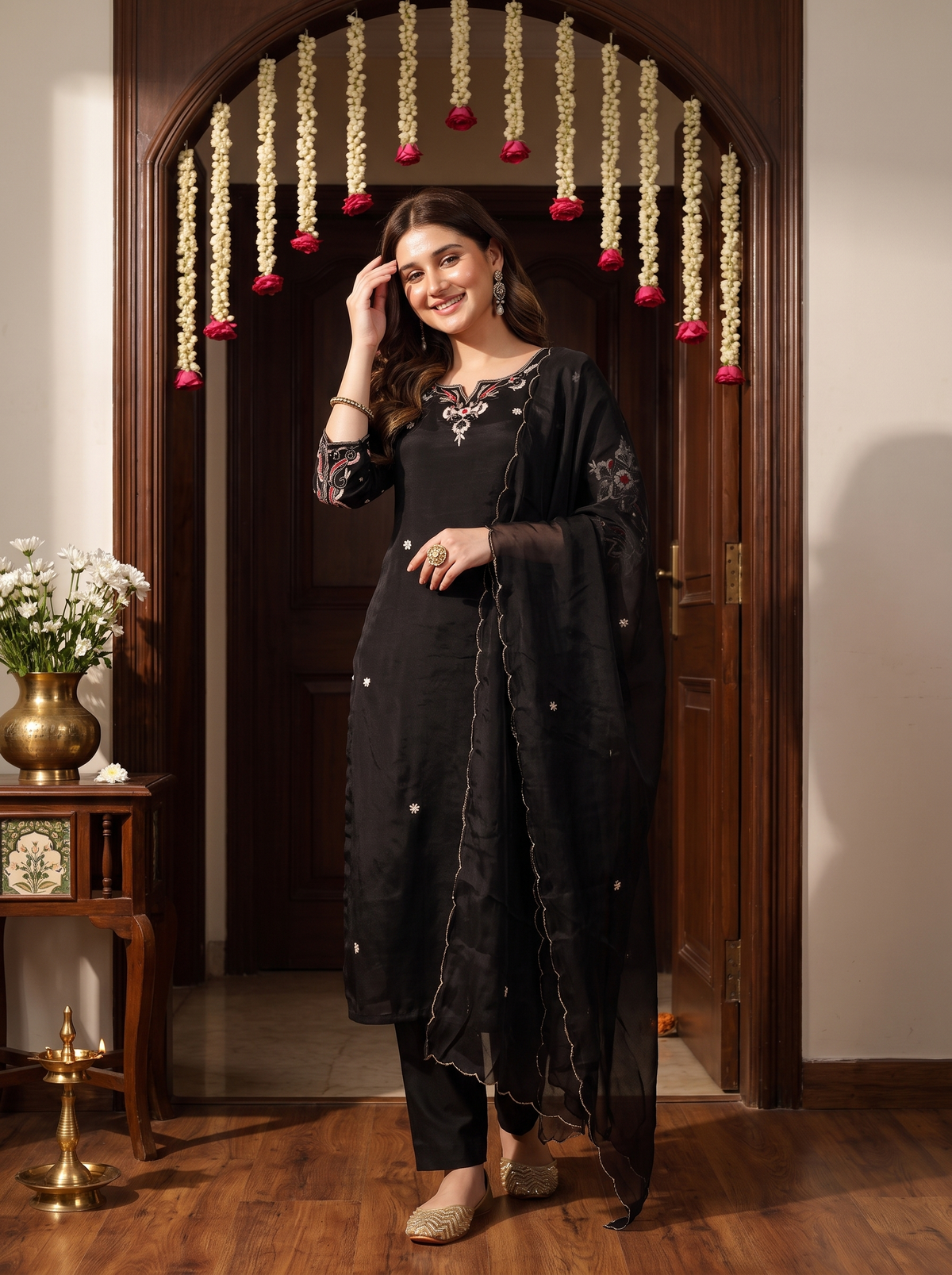 Elegant Black Embroidered Kurta Set for Women with Straight Pants and Scalloped Edged Dupatta