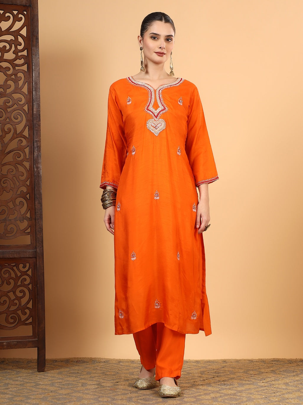 Women Orange Designer Hand Embroidered Kurta set with dupatta with Pant