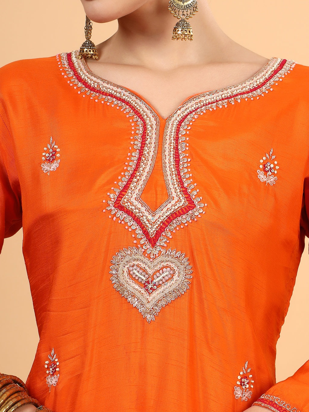 Women Orange Designer Hand Embroidered Kurta set with dupatta with Pant