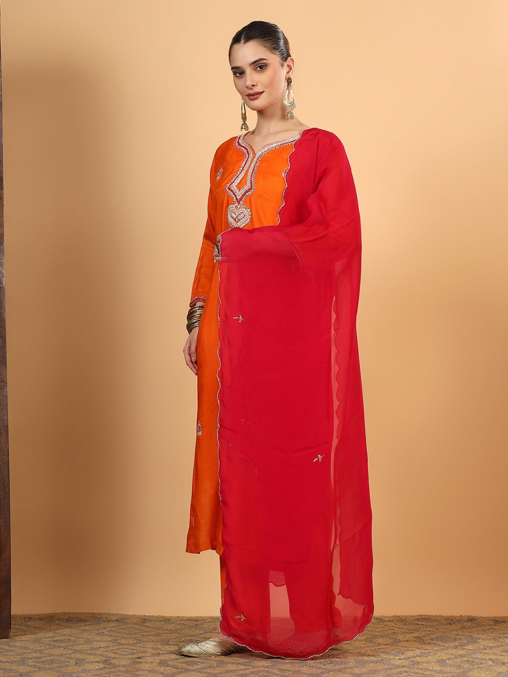 Women Orange Designer Hand Embroidered Kurta set with dupatta with Pant
