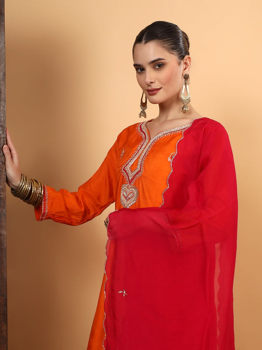 Women Orange Designer Hand Embroidered Kurta set with dupatta with Pant