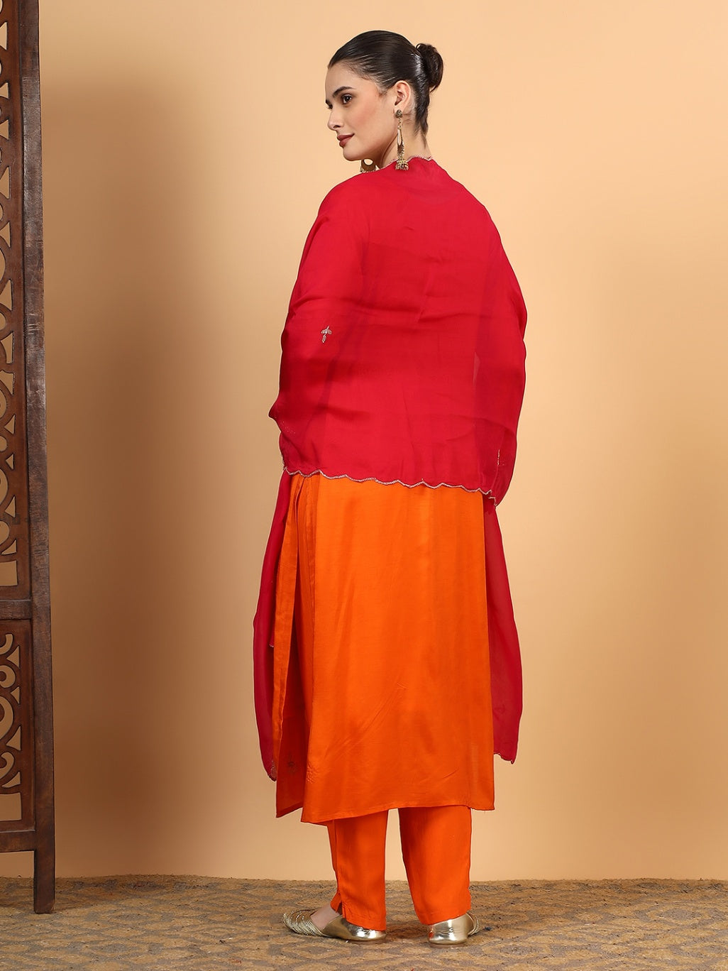 Women Orange Designer Hand Embroidered Kurta set with dupatta with Pant