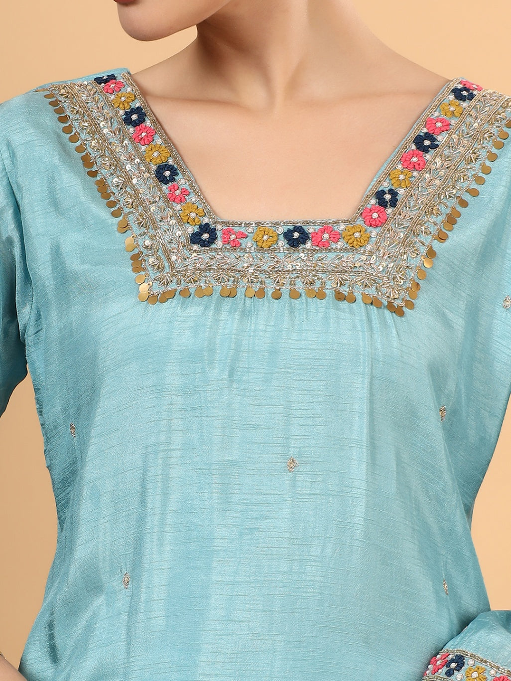 Women Blue Designer Hand  Embroidered Kurta set with dupatta with Pant