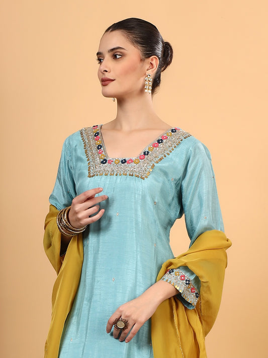 Women Blue Designer Hand  Embroidered Kurta set with dupatta with Pant - Prisachi Official