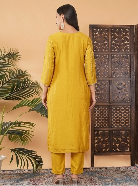 Yellow Zardozi Embroidered Kurta Set with Dupatta & Pants for Women | Ethnic Suit Set