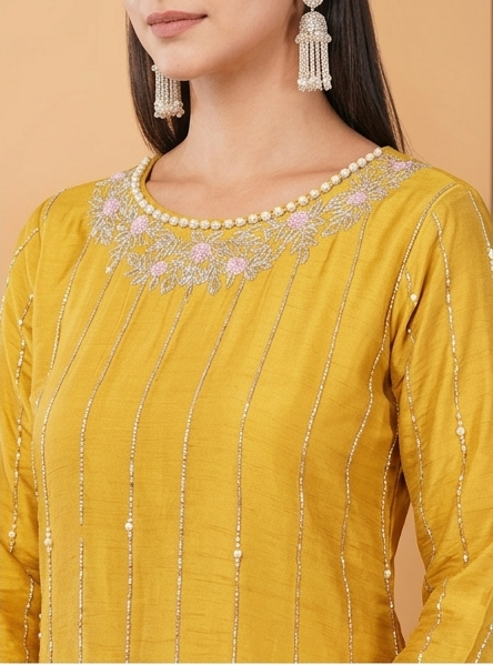 Yellow Zardozi Embroidered Kurta Set with Dupatta & Pants for Women | Ethnic Suit Set