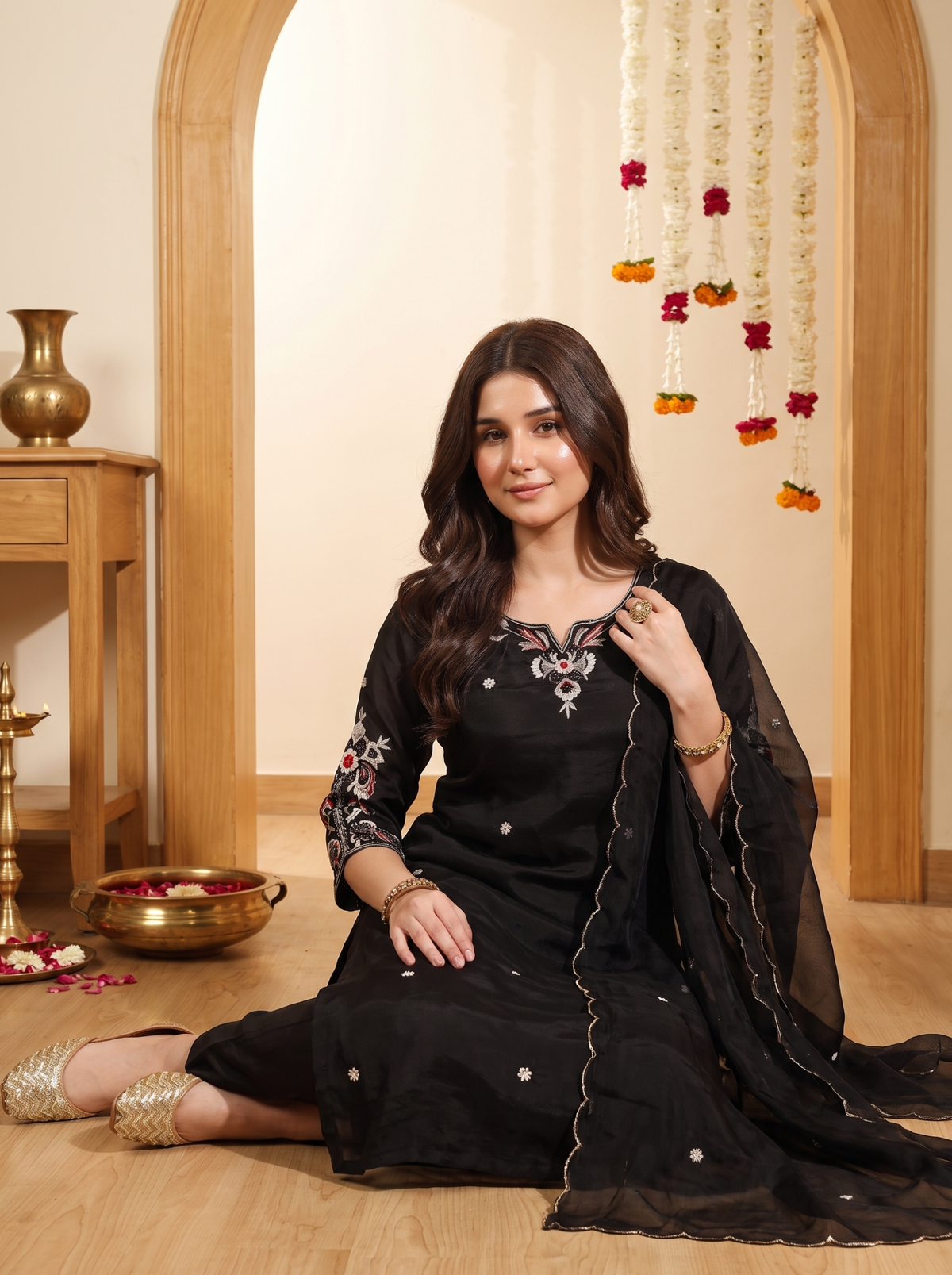 Elegant Black Embroidered Kurta Set for Women with Straight Pants and Scalloped Edged Dupatta