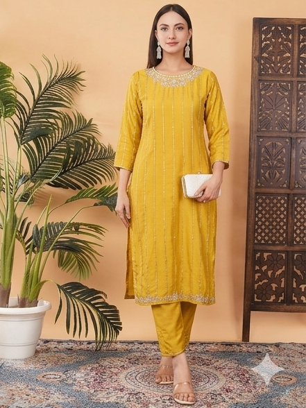 Yellow Zardozi Embroidered Kurta Set with Dupatta & Pants for Women | Ethnic Suit Set
