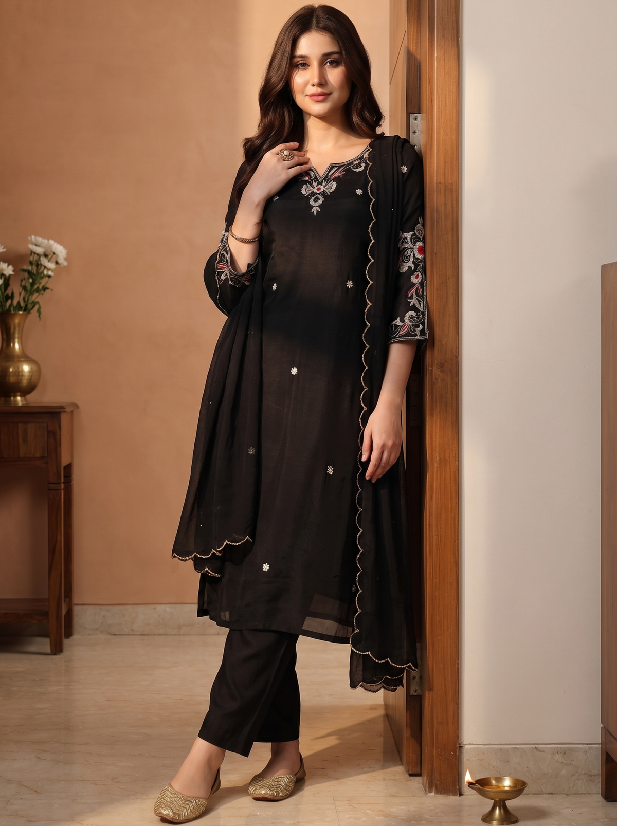 Elegant Black Embroidered Kurta Set for Women with Straight Pants and Scalloped Edged Dupatta