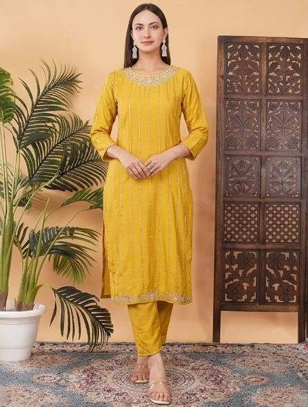 Yellow Zardozi Embroidered Kurta Set with Dupatta & Pants for Women | Ethnic Suit Set
