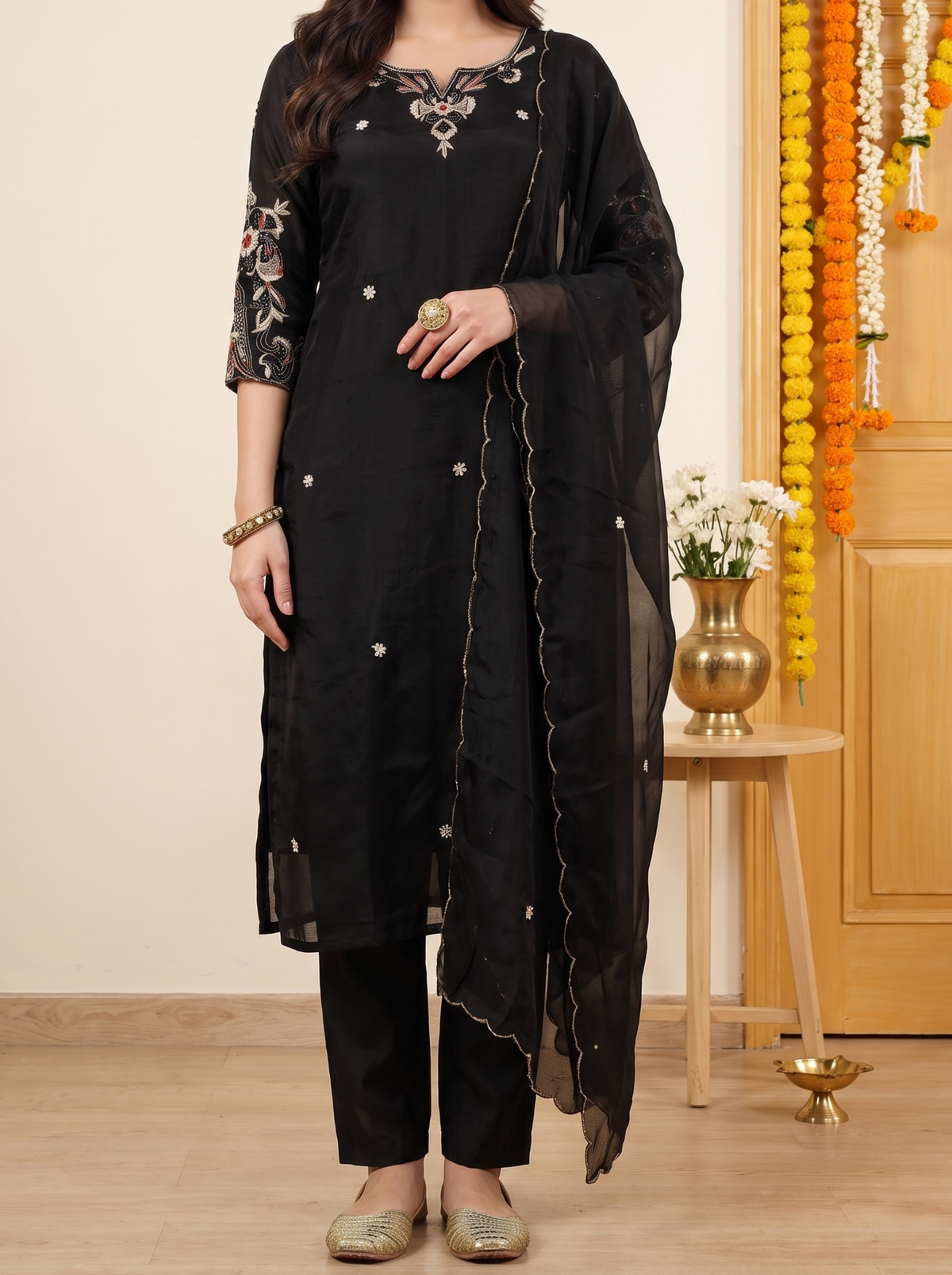 Elegant Black Embroidered Kurta Set for Women with Straight Pants and Scalloped Edged Dupatta