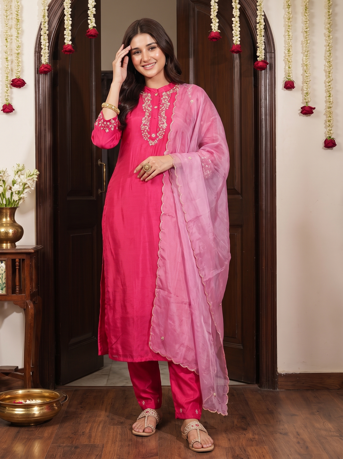 Fuchsia Pink Chanderi Silk Straight Kurta Pant & Dupatta Set with Delicate Hand Embroidery
