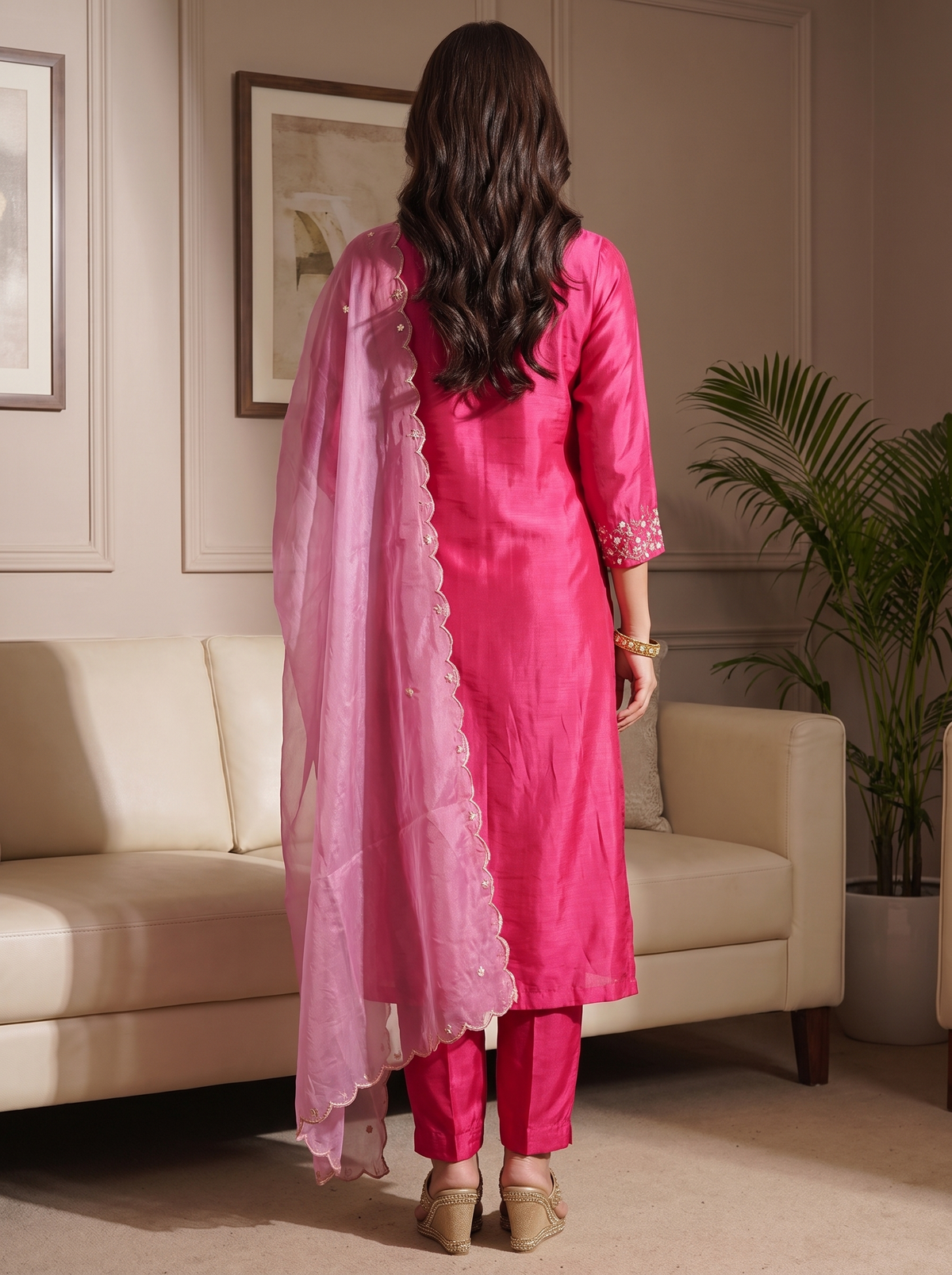 Fuchsia Pink Chanderi Silk Straight Kurta Pant & Dupatta Set with Delicate Hand Embroidery