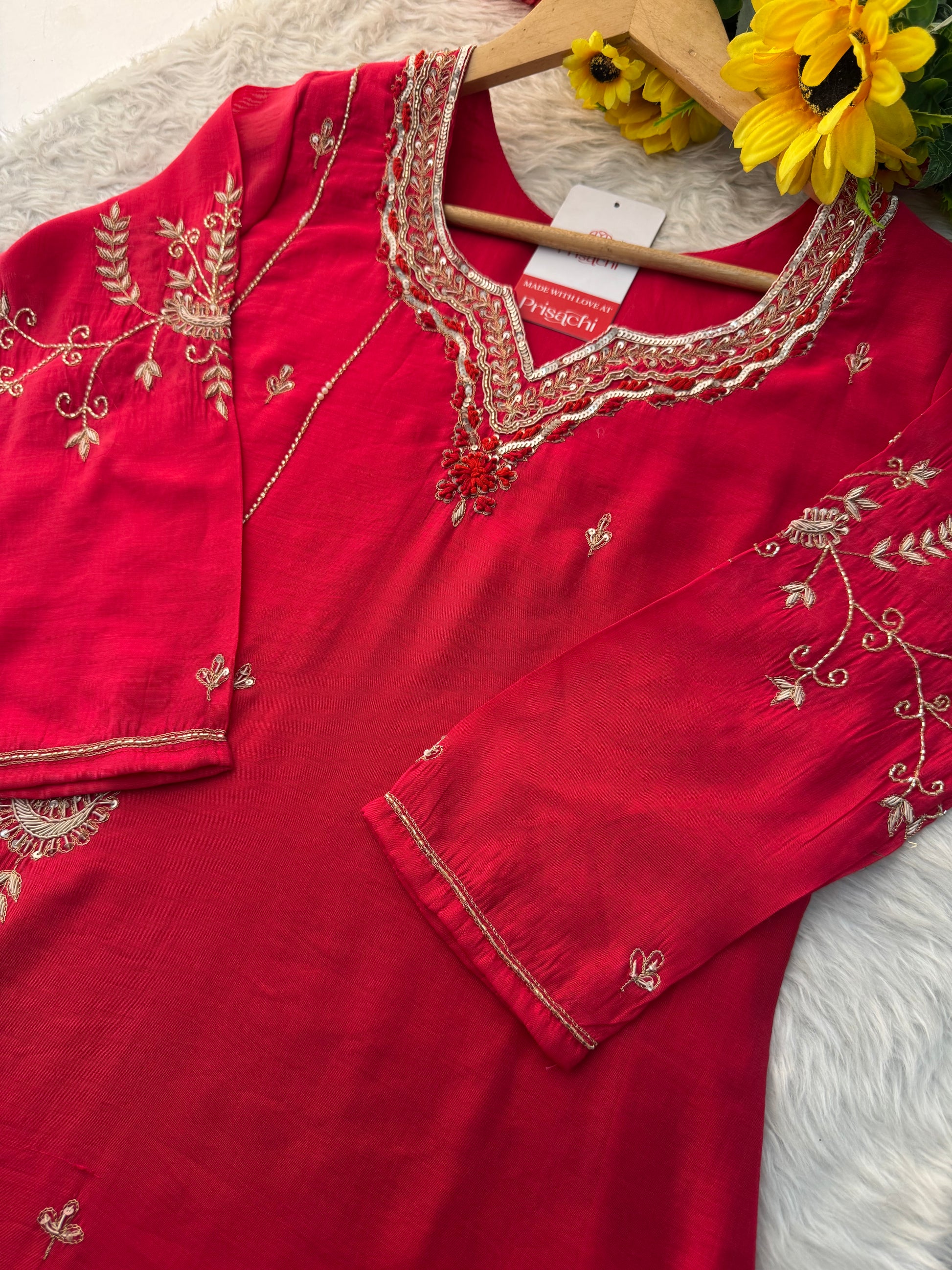 Pink Embroidered A-Line kurta set with dupatta and Pant - Prisachi Official